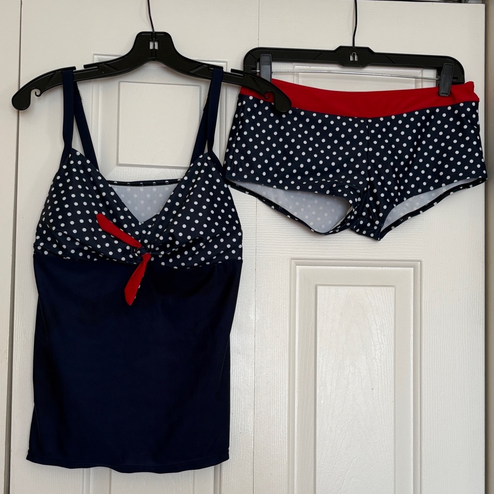 Navy Polka Dot Tankini Top & Swim Shorts with Red Trim